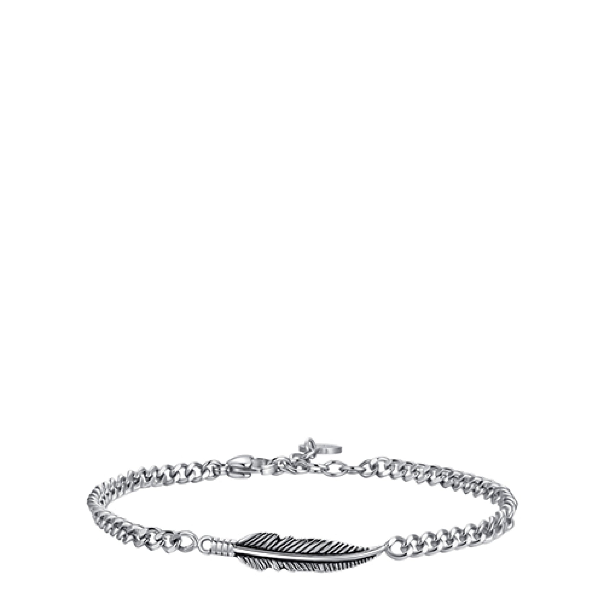 Silver-toned men's steel curb chain bracelet with a detailed feather charm and lobster clasp closure.