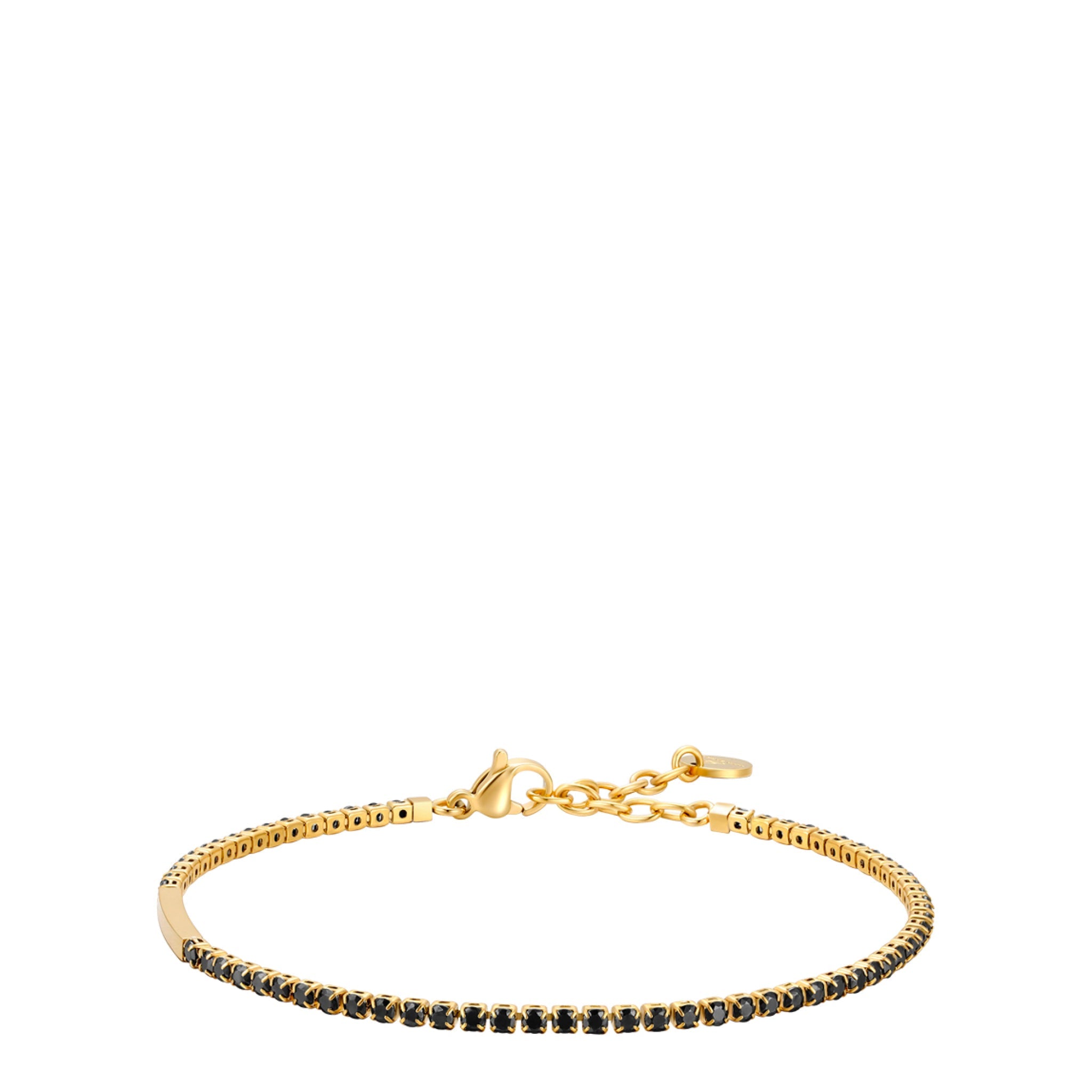 Gold-toned steel tennis bracelet with a row of black zircons and a lobster clasp closure, shown on a white background.
