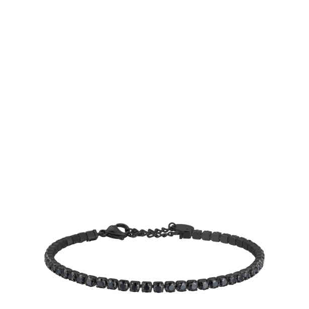 Black steel men's bracelet with continuous row of black square-set crystals, lobster clasp, and extender chain.