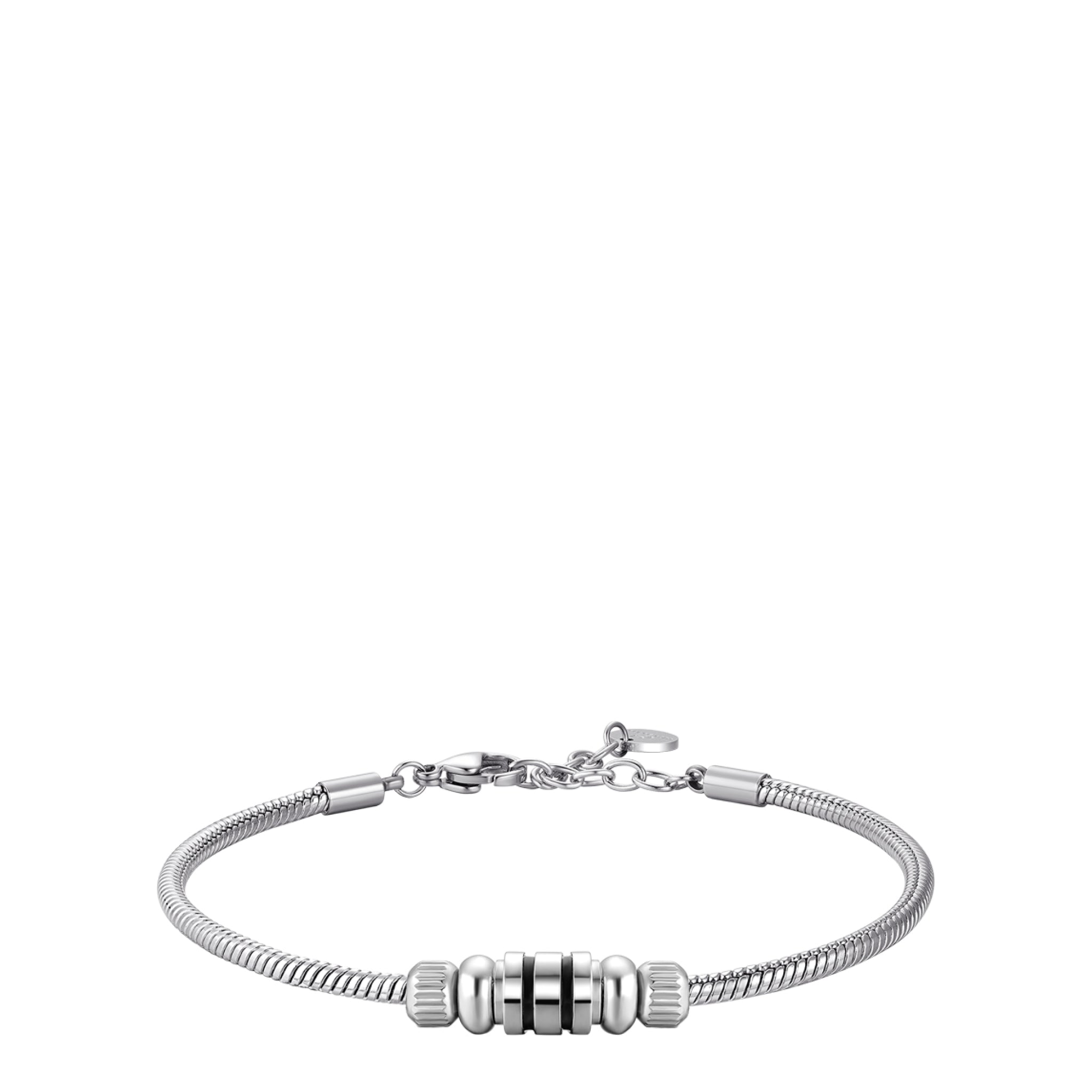 Silver-toned steel snake chain bracelet with three black enamel cylindrical beads and two silver-toned ribbed beads.