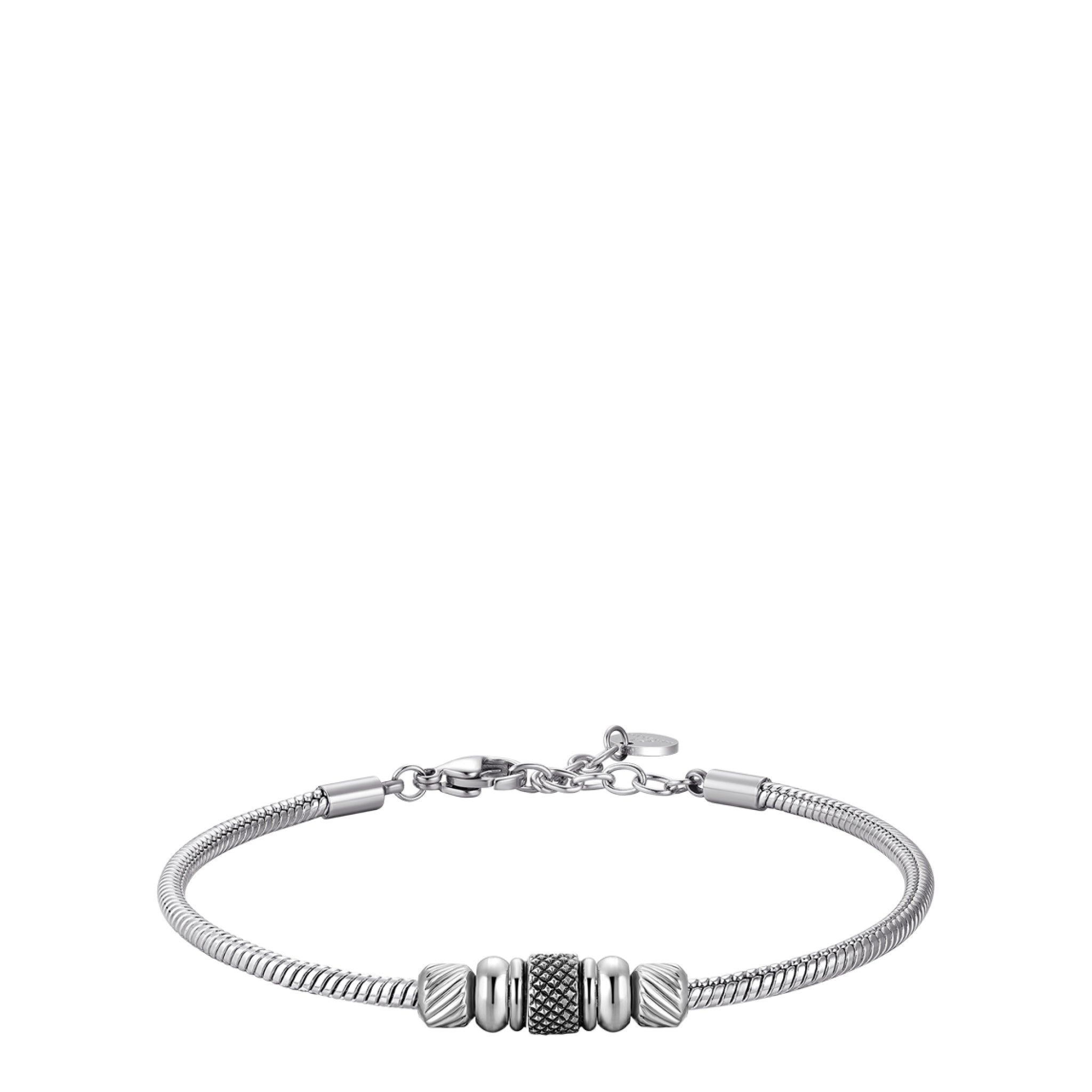 Silver-toned steel snake chain bracelet with a black enamel central element and textured cylindrical beads.