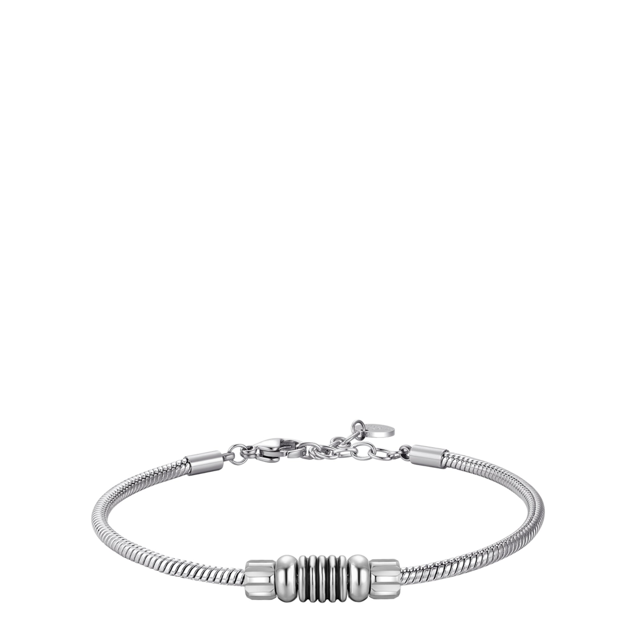 Silver-toned steel snake chain bracelet with a central ribbed cylindrical element and a lobster clasp closure.