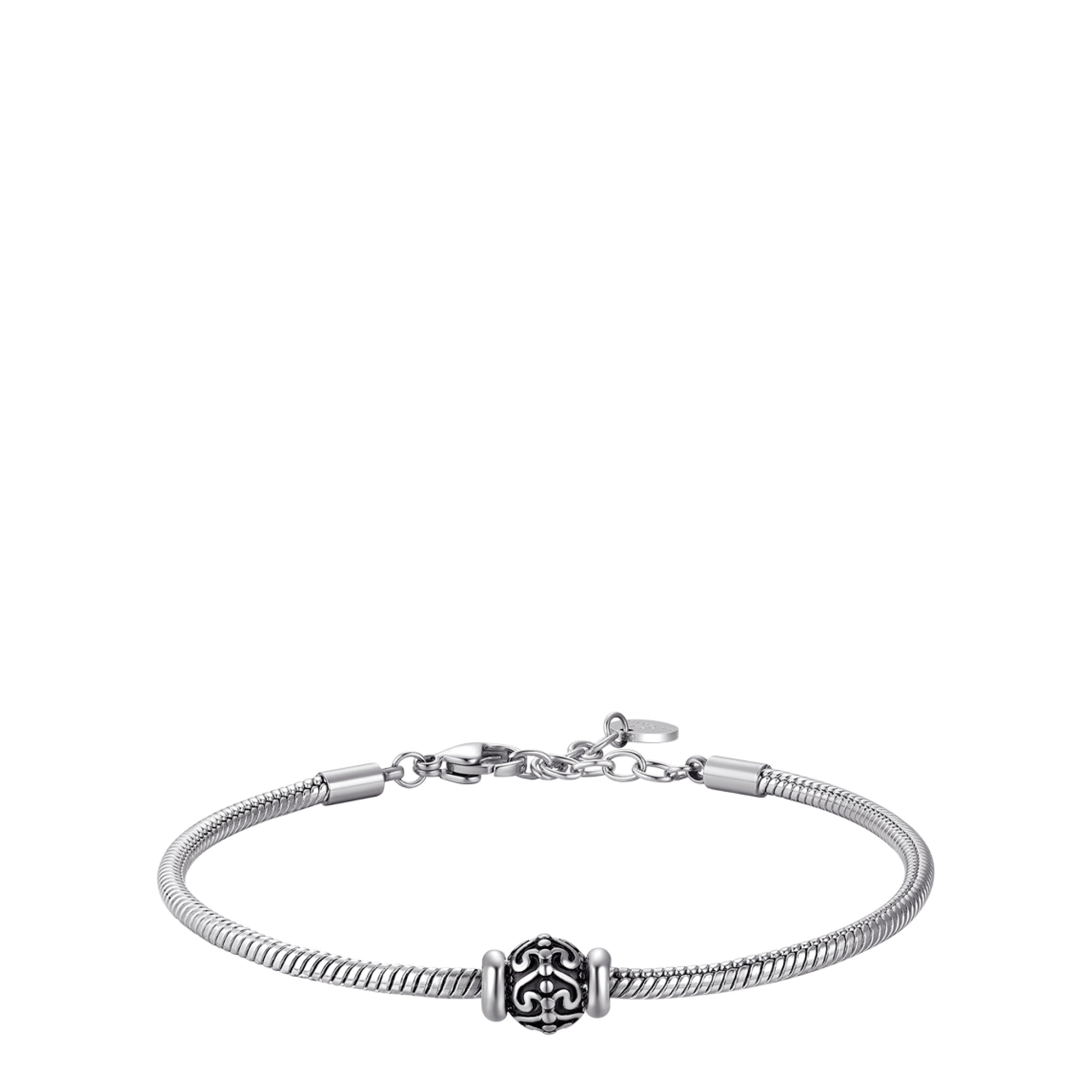 Silver-toned men's snake chain bracelet with a central barrel-shaped bead featuring a black enamel scroll pattern.
