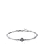 Silver-toned men's snake chain bracelet with a central barrel-shaped bead featuring a black enamel scroll pattern.