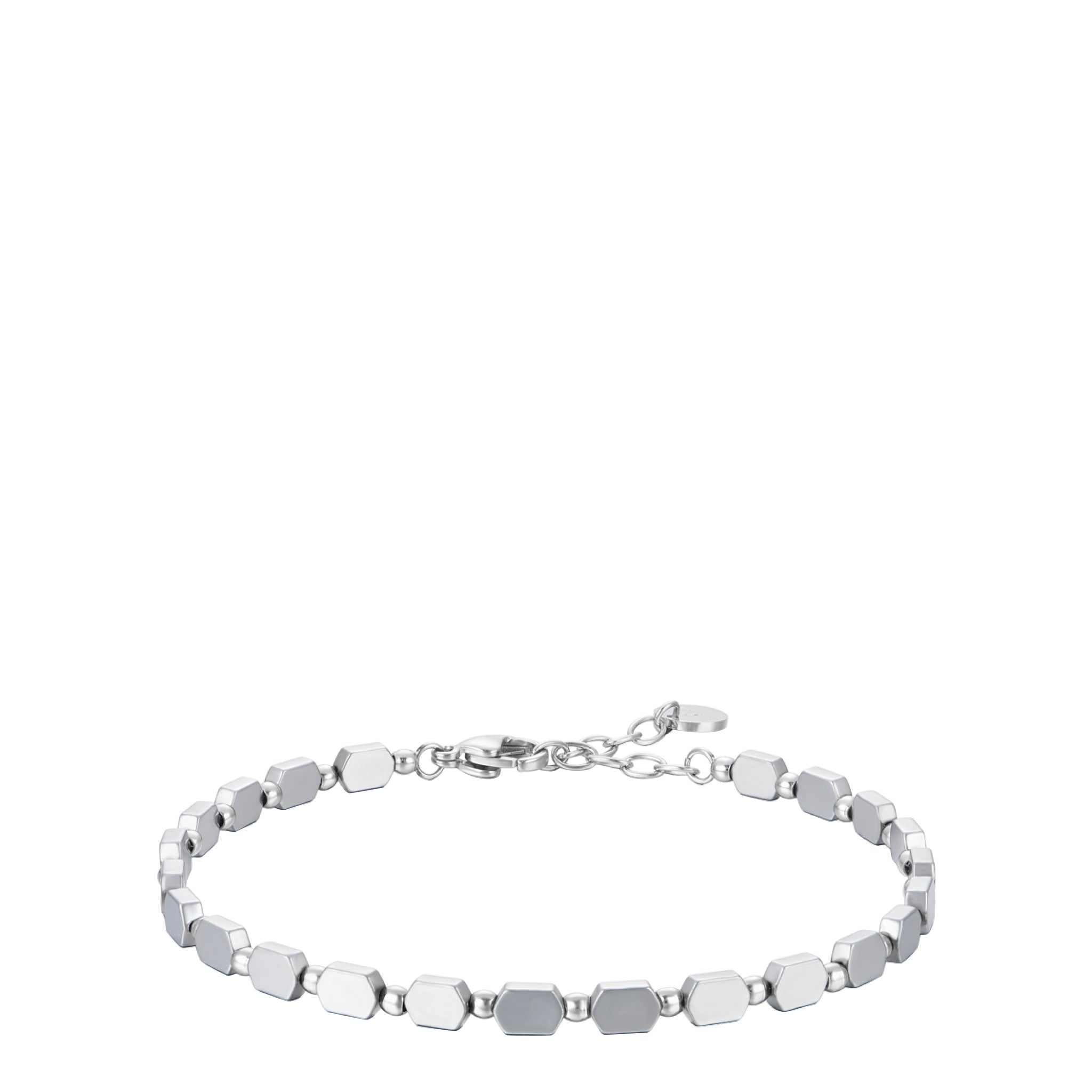 Men's silver-toned steel bracelet with hexagonal hematite beads and a lobster clasp closure.
