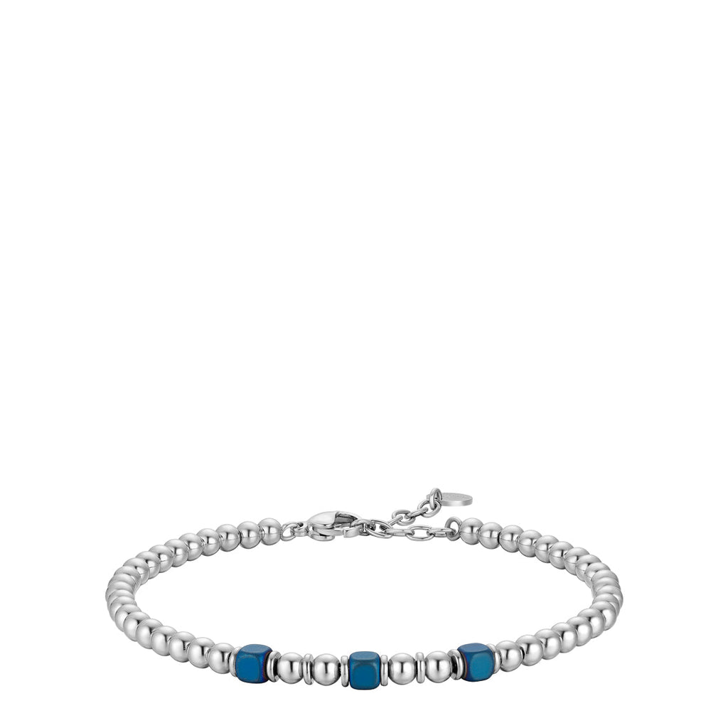 Steel beaded bracelet with three blue cube-shaped beads and a lobster clasp with extender chain.