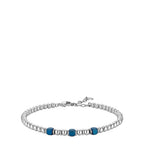 Steel beaded bracelet with three blue cube-shaped beads and a lobster clasp with extender chain.