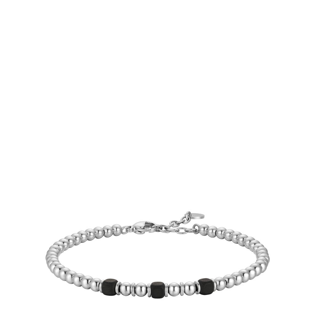 Men's bracelet with silver-toned spherical beads and three black cubic hematite elements, featuring a lobster clasp.