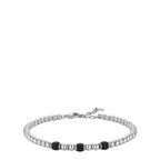 Men's bracelet with silver-toned spherical beads and three black cubic hematite elements, featuring a lobster clasp.
