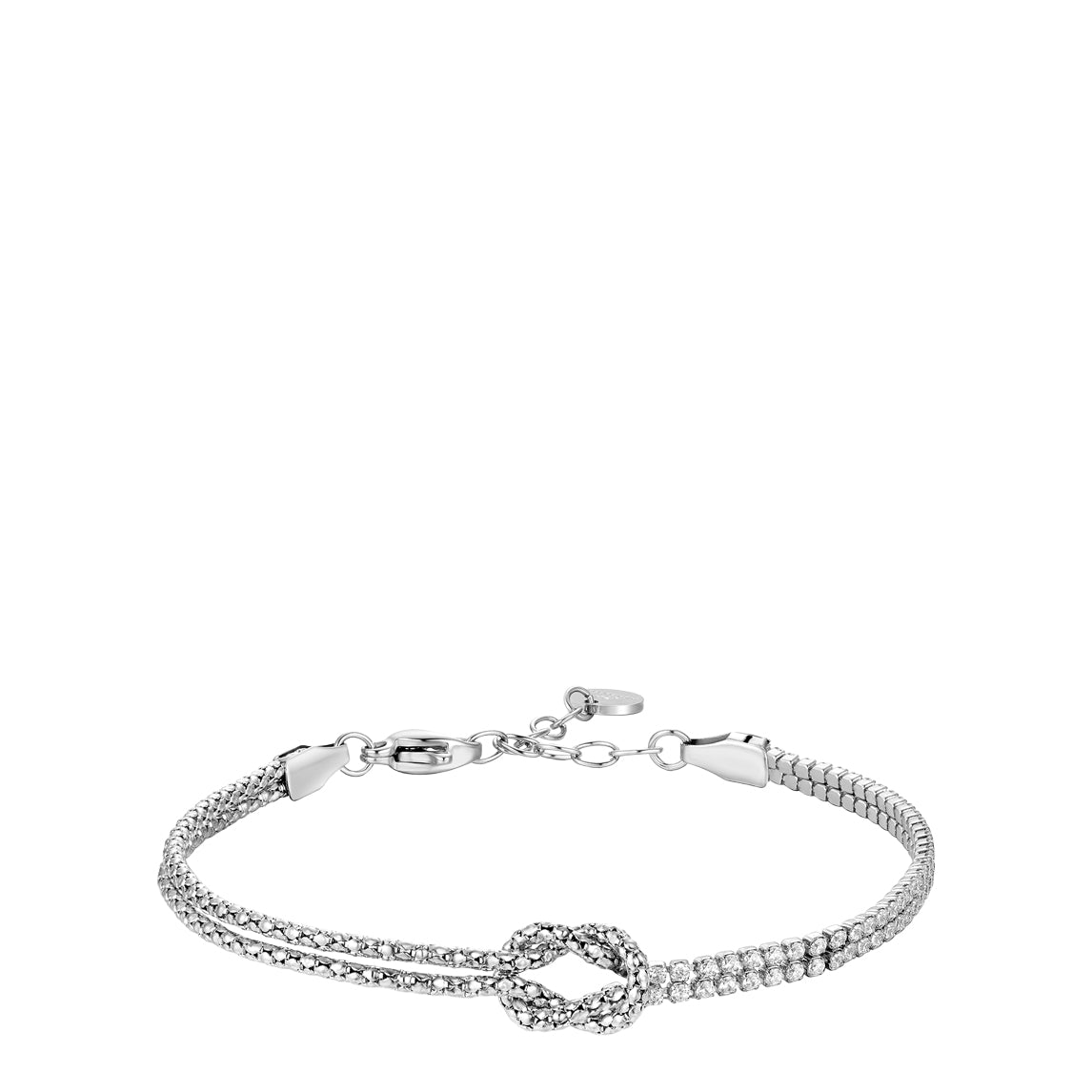 Silver-toned bracelet with two parallel strands of clear zircons, forming a central knot. Features a lobster clasp and extend