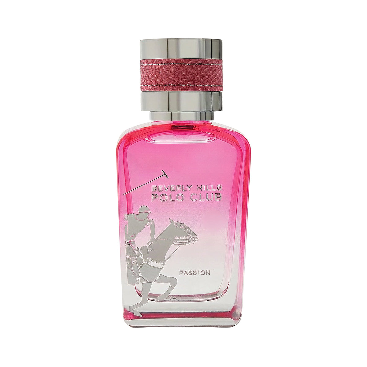 Pink Beverly Hills Polo Club Mystique Intense EDP perfume bottle with a silver-toned cap and a textured pink band.
