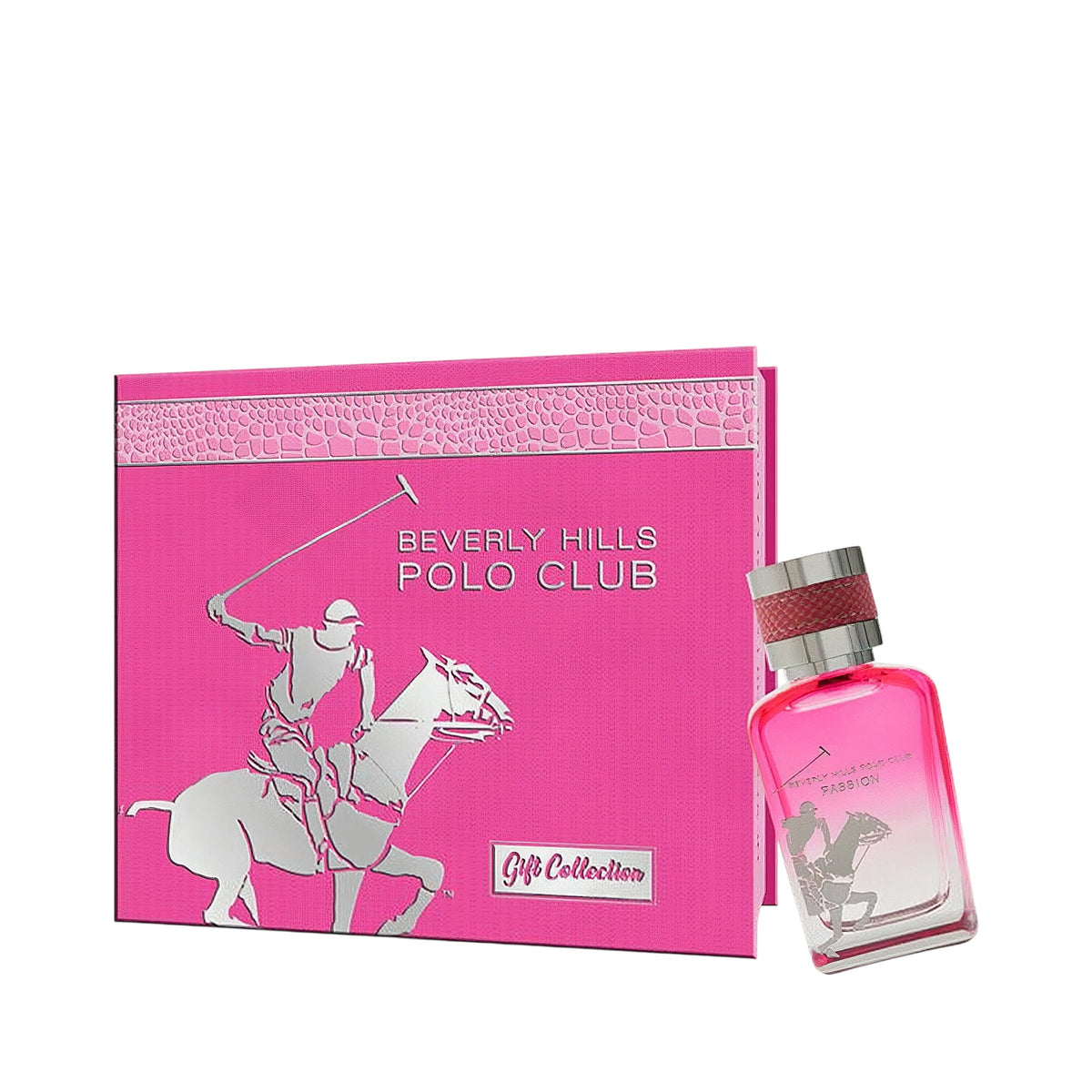 Pink perfume gift set: rectangular bottle with silver-toned polo player logo and silver-toned cap. Matching textured pink box