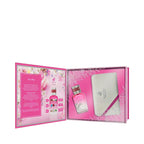 Pink perfume bottle with silver-toned cap and horse logo, next to a light gray wallet with a pink diagonal stripe and BHPC lo