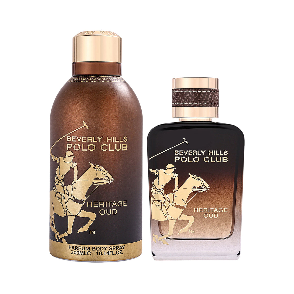 Two Beverly Hills Polo Club Heritage Oud fragrance bottles. A larger bronze body spray and a smaller dark brown to clear grad