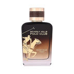 Ombre perfume bottle, dark brown to clear, with a gold-toned cap and textured band. Features a gold-toned polo player graphic