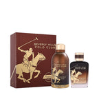 Dark brown and gold-toned perfume gift set: a box, a cylindrical body spray, and a rectangular perfume bottle, all with a pol