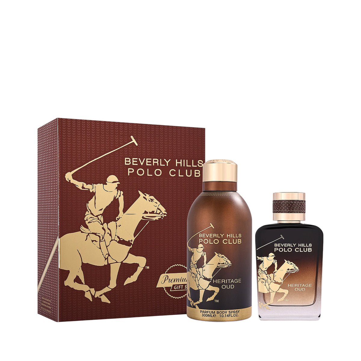Dark brown and gold-toned perfume gift set: a box, a cylindrical body spray, and a rectangular perfume bottle, all with a pol
