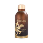 Brown body spray bottle with a gold-toned cap and base. Features a gold-toned polo player graphic and 'BEVERLY HILLS POLO CLU