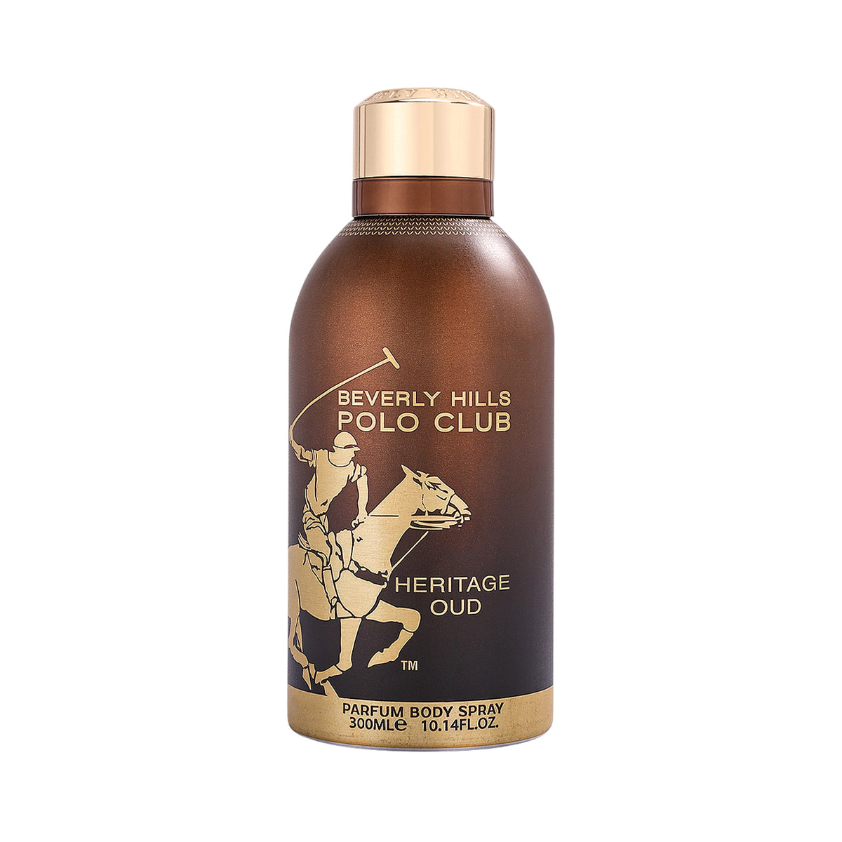 Brown body spray bottle with a gold-toned cap and base. Features a gold-toned polo player graphic and 'BEVERLY HILLS POLO CLU