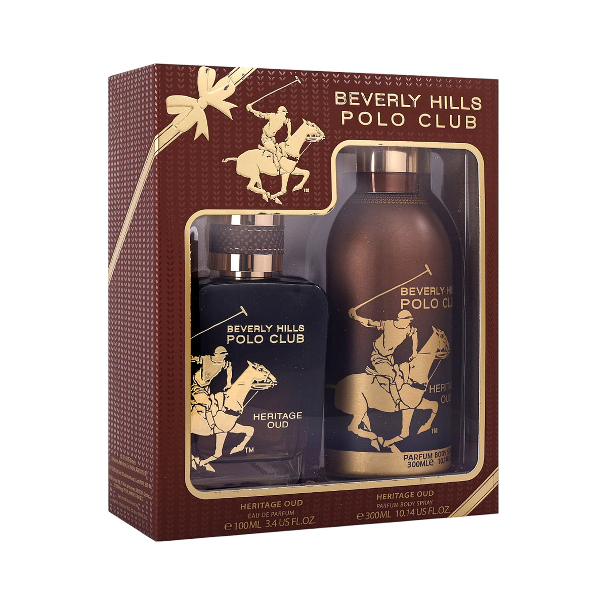 Dark brown gift set with gold-toned branding. Contains a dark perfume bottle and a dark body spray.