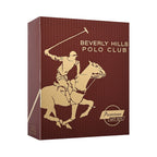 Dark red gift box with a subtle V-pattern. Features a gold-toned polo player on a horse, 'BEVERLY HILLS POLO CLUB', and 'Prem