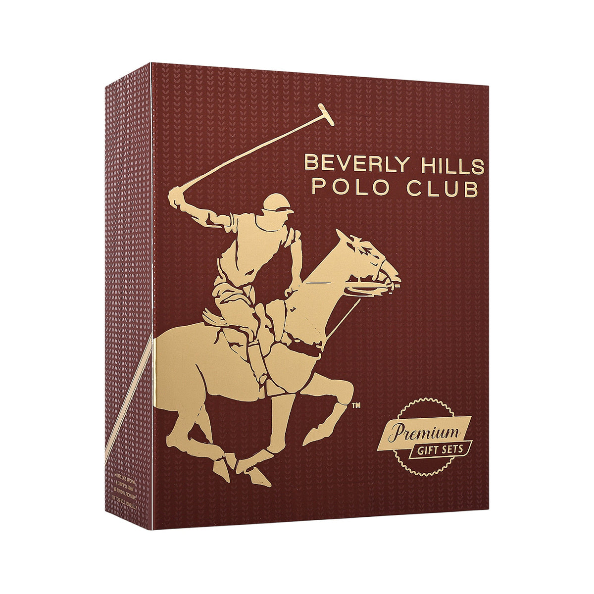 Dark red gift box with a subtle V-pattern. Features a gold-toned polo player on a horse, 'BEVERLY HILLS POLO CLUB', and 'Prem
