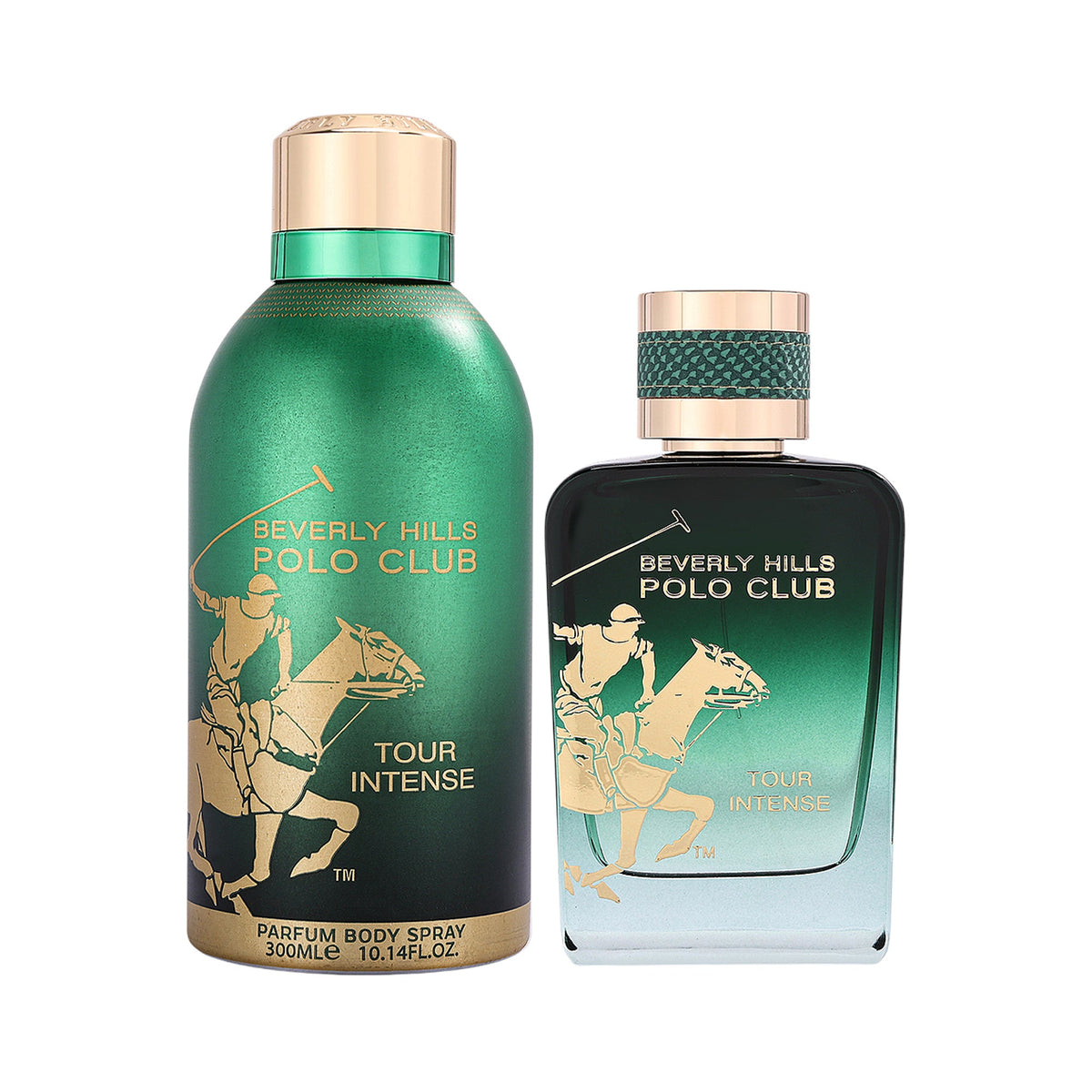 Two Beverly Hills Polo Club Tour Intense fragrance bottles. One tall, cylindrical green body spray, one shorter, rectangular