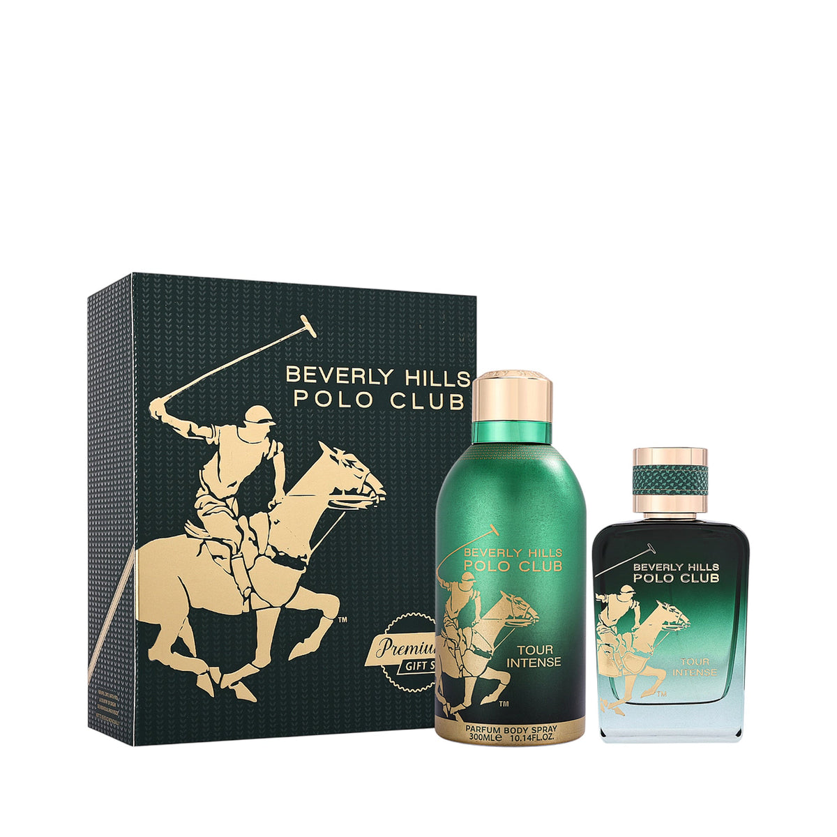 Green fragrance gift set with gold-toned polo player designs: a box, a metallic green body spray, and a green-to-clear perfum