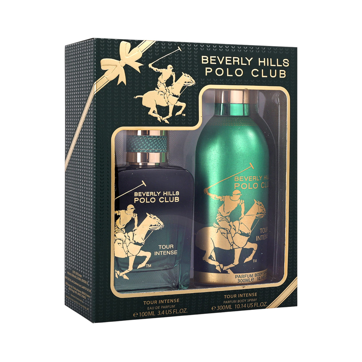 Dark green gift set box with gold-toned polo player logo, containing a dark green perfume and a metallic green body spray.