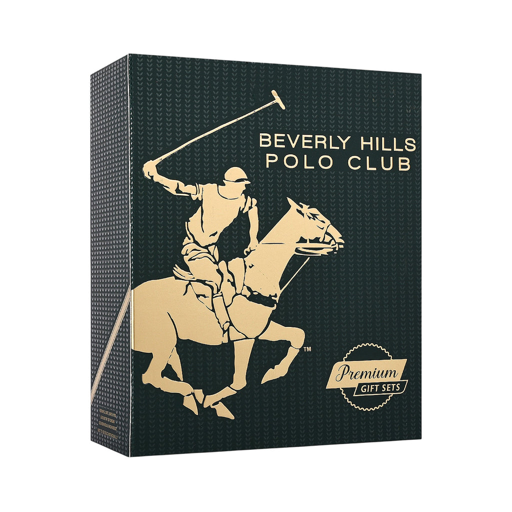 Dark green gift box with gold-toned polo player on horse illustration, 'BEVERLY HILLS POLO CLUB' text, and 'Premium GIFT SETS