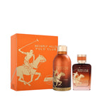 Orange gift box with gold-toned polo logo, bronze body spray, and gradient amber perfume bottle with gold-toned caps.