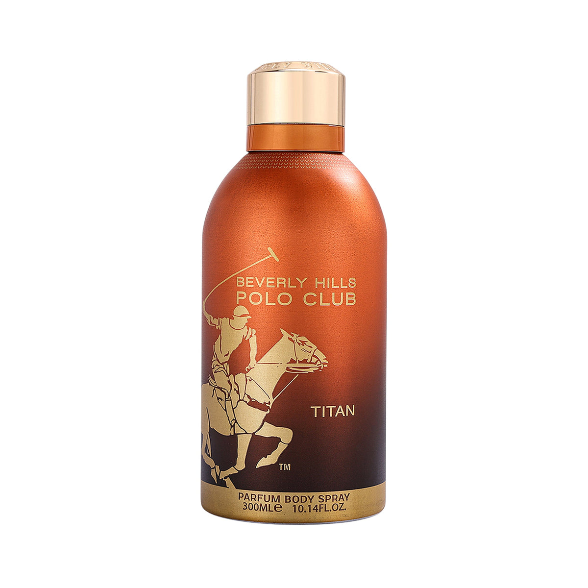Metallic reddish-brown to dark brown body spray bottle with a gold-toned cap and base. Features a gold polo player logo.