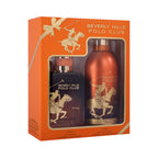 Orange gift set with gold-toned polo club graphics. Contains a dark blue perfume bottle and a metallic orange body spray.