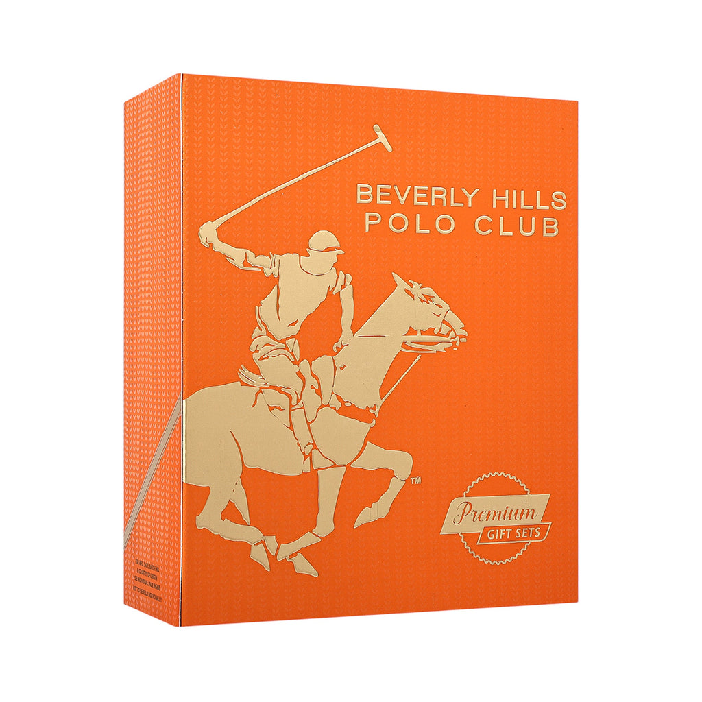 Orange box with gold-toned Beverly Hills Polo Club logo featuring a polo player on a horse, and 'Premium Gift Sets' text.