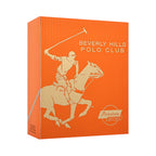 Orange box with gold-toned Beverly Hills Polo Club logo featuring a polo player on a horse, and 'Premium Gift Sets' text.