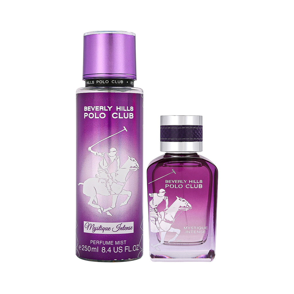 Beverly Hills Polo Club Mystique fragrance set with a tall purple perfume mist and a shorter purple glass EDP bottle.