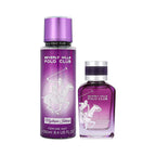 Beverly Hills Polo Club Mystique fragrance set with a tall purple perfume mist and a shorter purple glass EDP bottle.