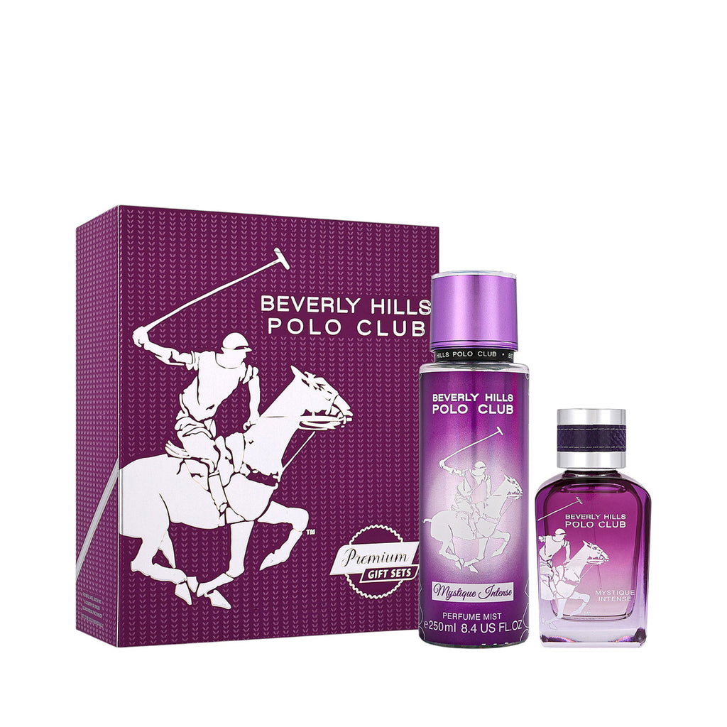 Purple gift set: box, tall cylindrical perfume mist, and small square EDP bottle. All items feature a white polo player graph