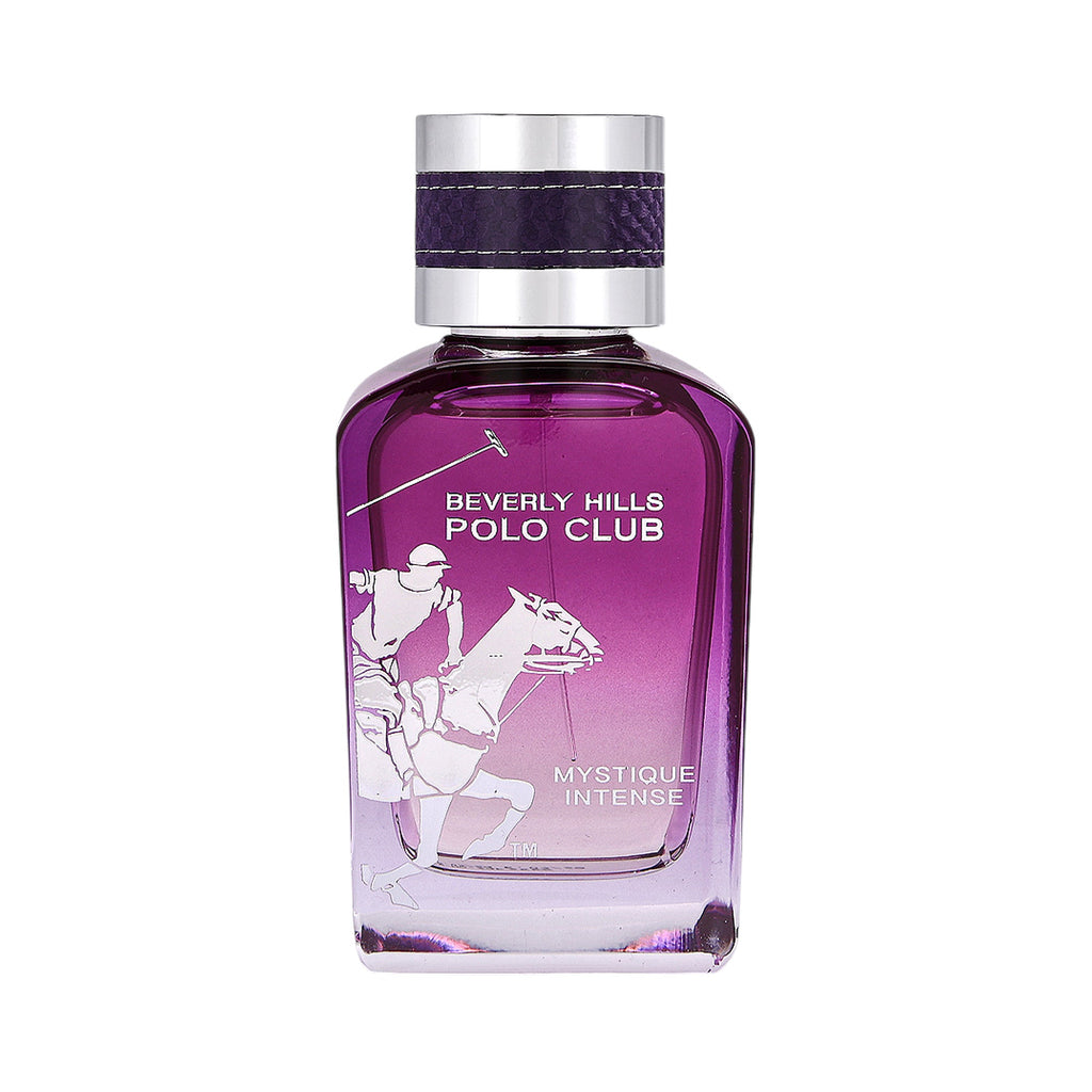 Purple perfume bottle with a silver-toned cap wrapped in a dark purple textured band. Features white text and a polo player i