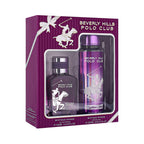 Purple gift set box containing a dark purple perfume bottle and body mist. Both have silver-toned caps and white polo player