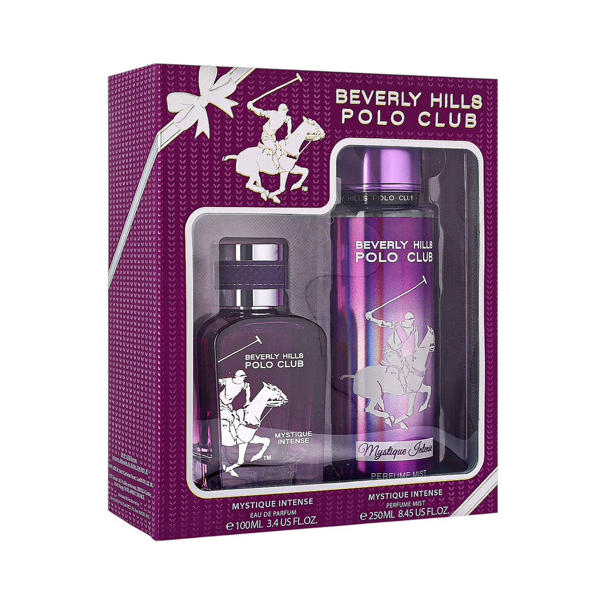 Purple gift set box containing a dark purple perfume bottle and body mist. Both have silver-toned caps and white polo player