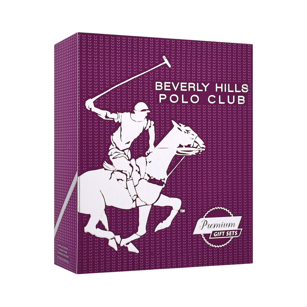 Deep purple gift box with white chevron pattern, featuring a white graphic of a polo player on a horse and 'BEVERLY HILLS POL