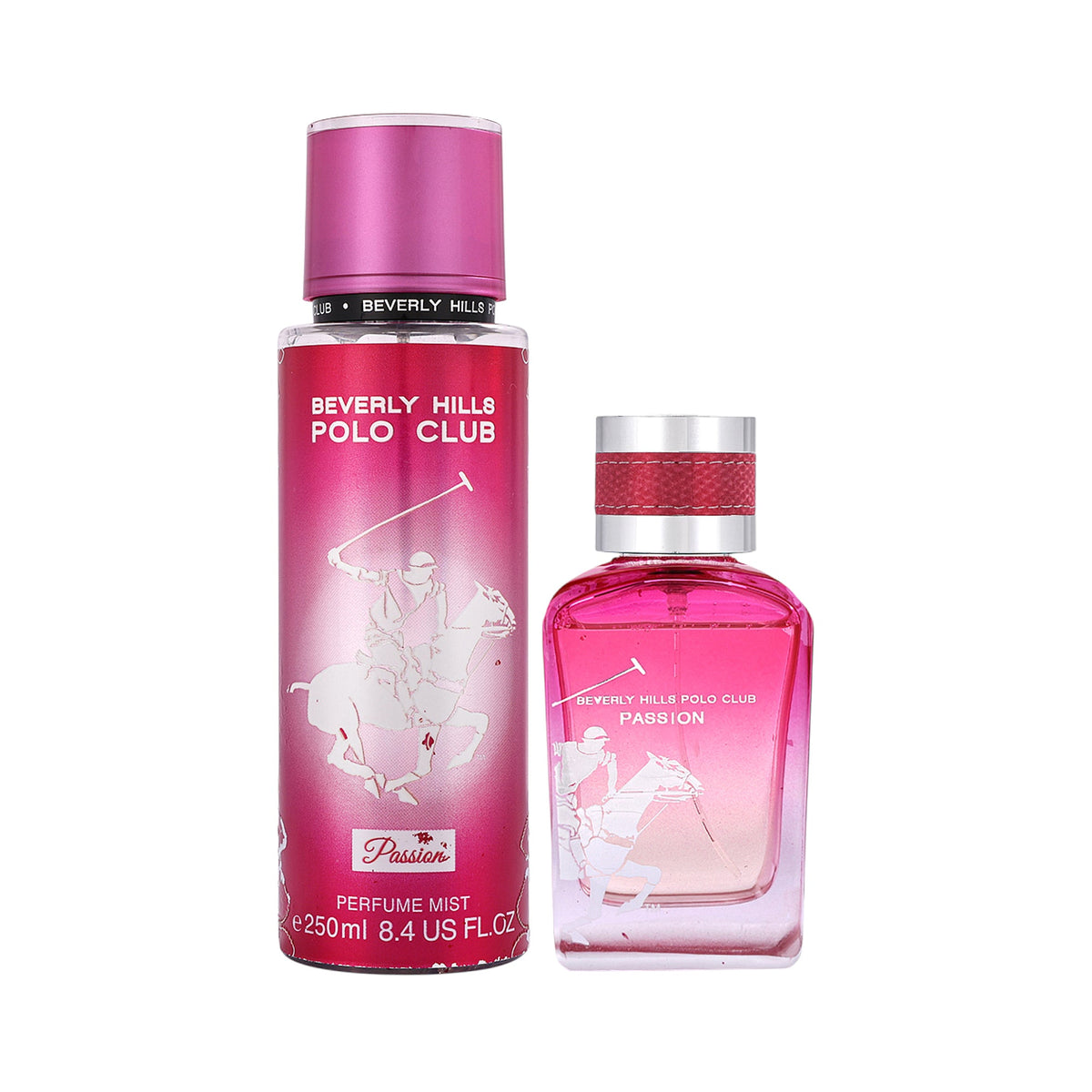 Two pink Beverly Hills Polo Club Passion fragrance bottles. One tall cylindrical perfume mist, one shorter rectangular eau de