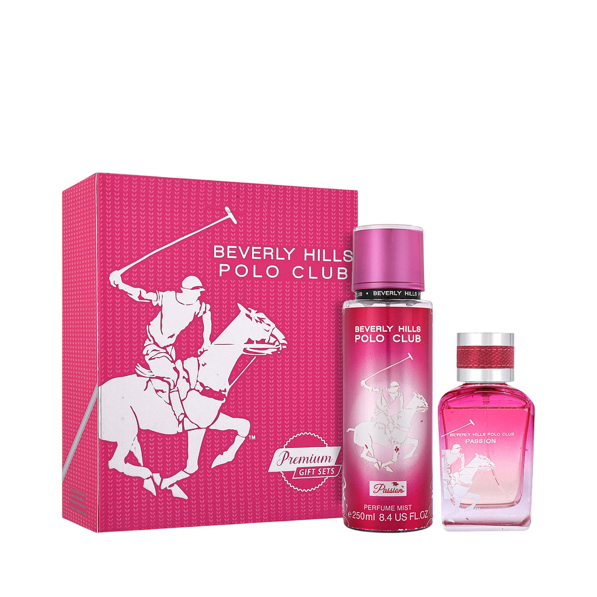 A hot pink gift set including a box, a tall perfume mist, and a shorter perfume bottle. All items feature a white polo player