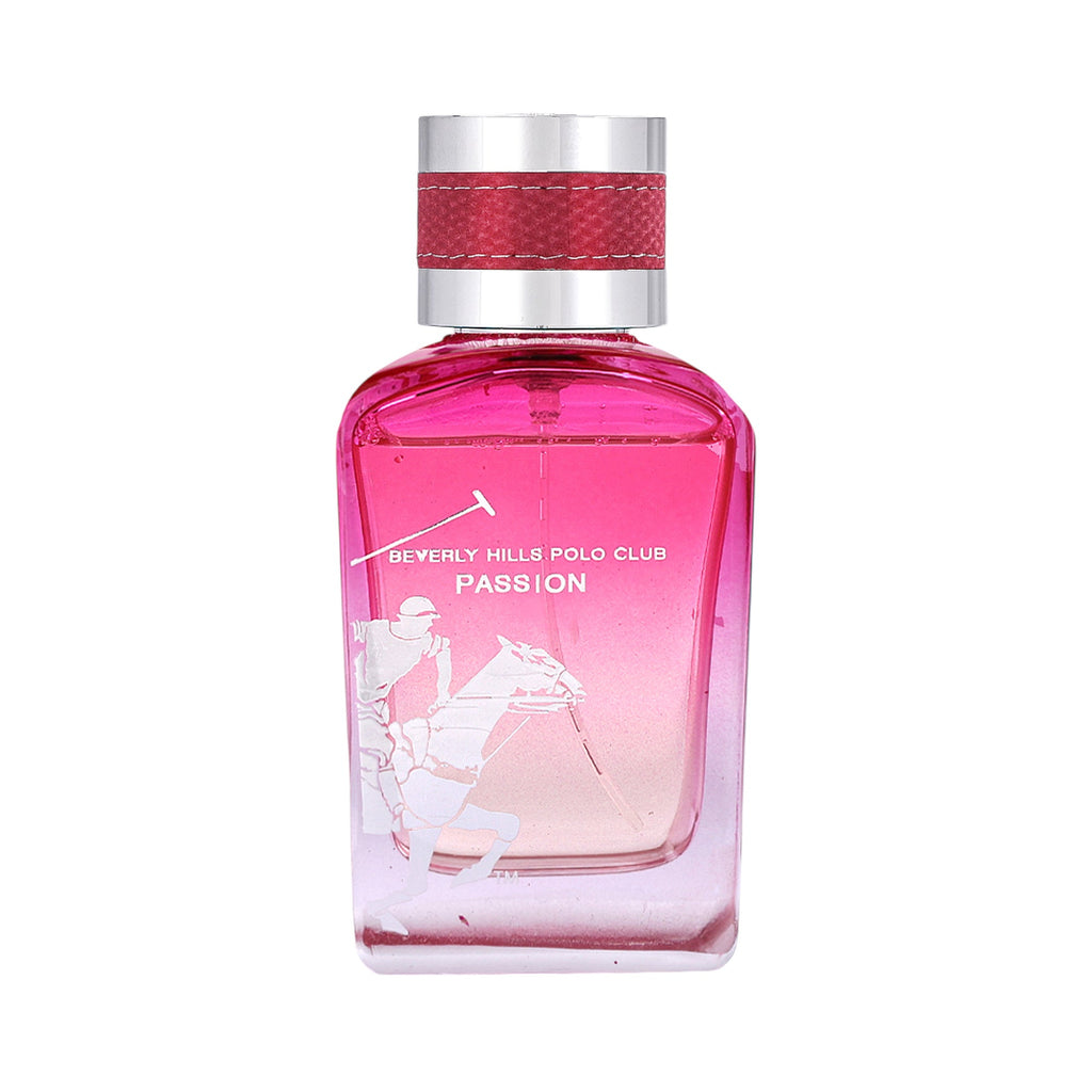 Pink perfume bottle with a silver-toned cap and red textured band. Features a white polo player logo and 'BEVERLY HILLS POLO