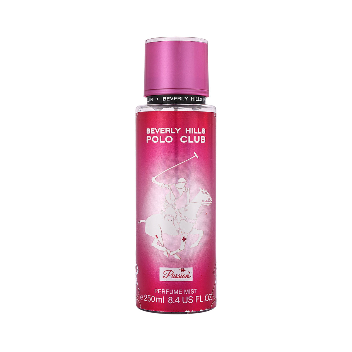 Pink spray bottle with a dark pink cap, featuring a white polo player graphic and 'Beverly Hills Polo Club' text.