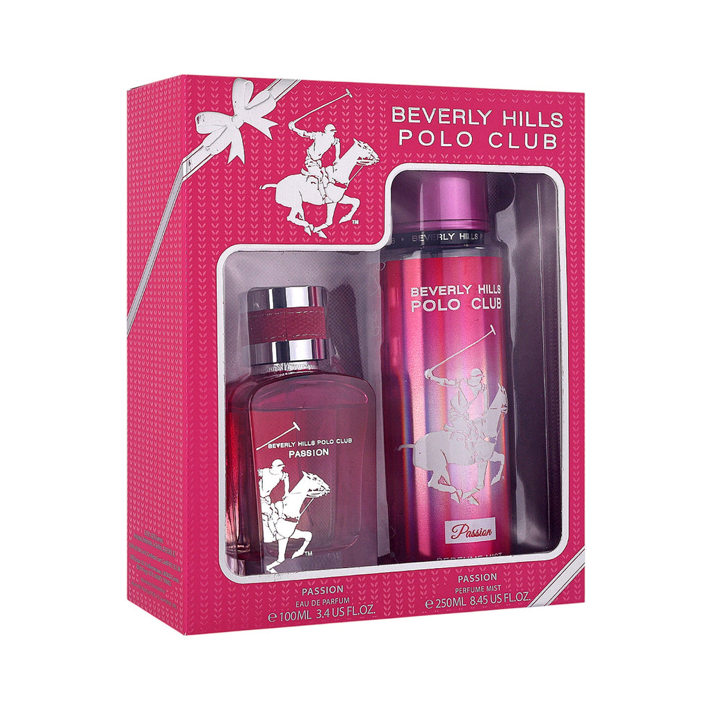 Pink gift set with rectangular perfume and cylindrical body mist, both with silver-toned caps and white polo player logos.