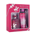 Pink gift set with rectangular perfume and cylindrical body mist, both with silver-toned caps and white polo player logos.
