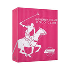 Pink gift box with a subtle V-pattern, featuring a white graphic of a polo player on a horse and 'BEVERLY HILLS POLO CLUB' te