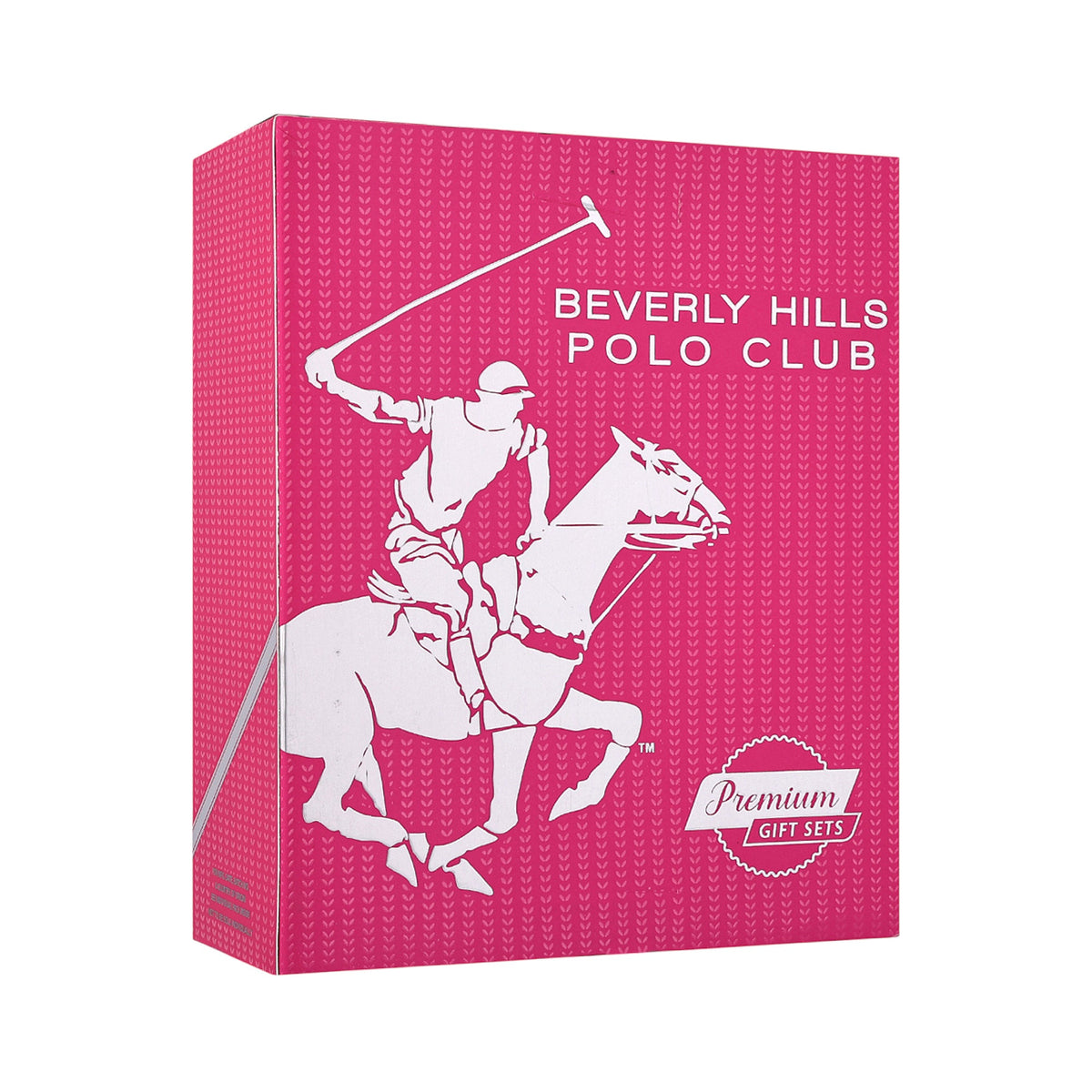 Pink gift box with a subtle V-pattern, featuring a white graphic of a polo player on a horse and 'BEVERLY HILLS POLO CLUB' te